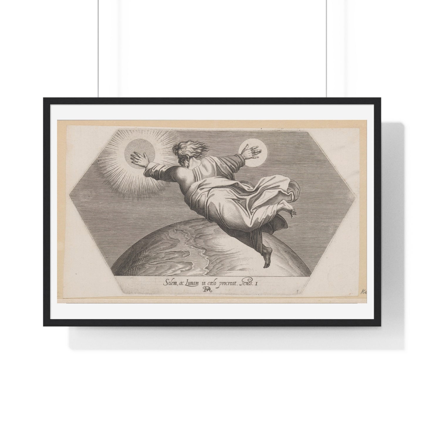 God Schept de Zon en de Maan (1626) by Francesco Villamena and Rafaël, from the Original, Framed Art Print