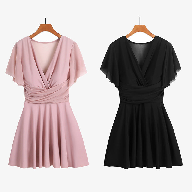 Vireous Elegant Gathered Resortwear Swimming Dress with Under Shorts