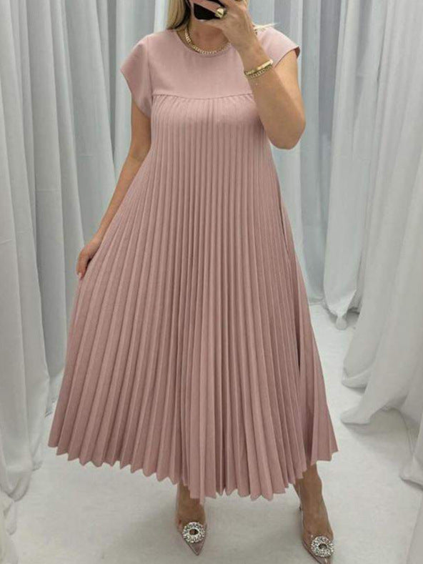 Vireous Sleeveless Pleated Long Dress Round Neck, Multi Colours, Spring and Summer Collection