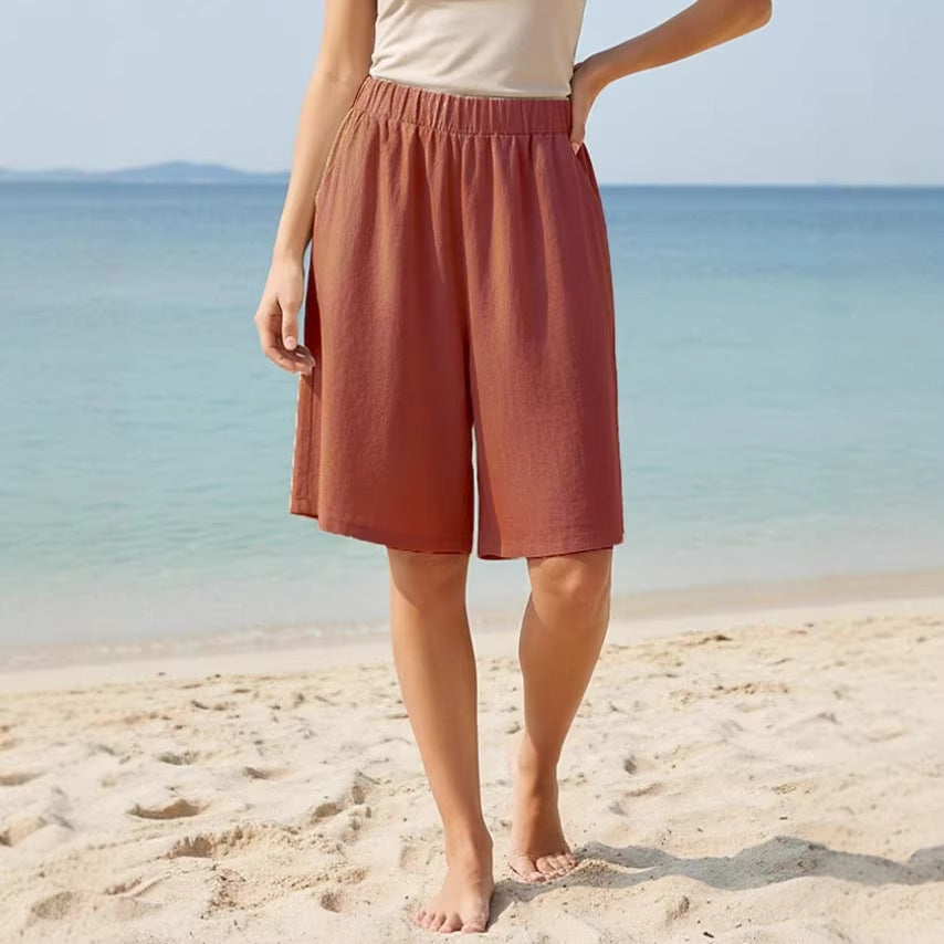 Women's Summer Loose Casual Cotton-Linen Elastic-Waist Capri Shorts