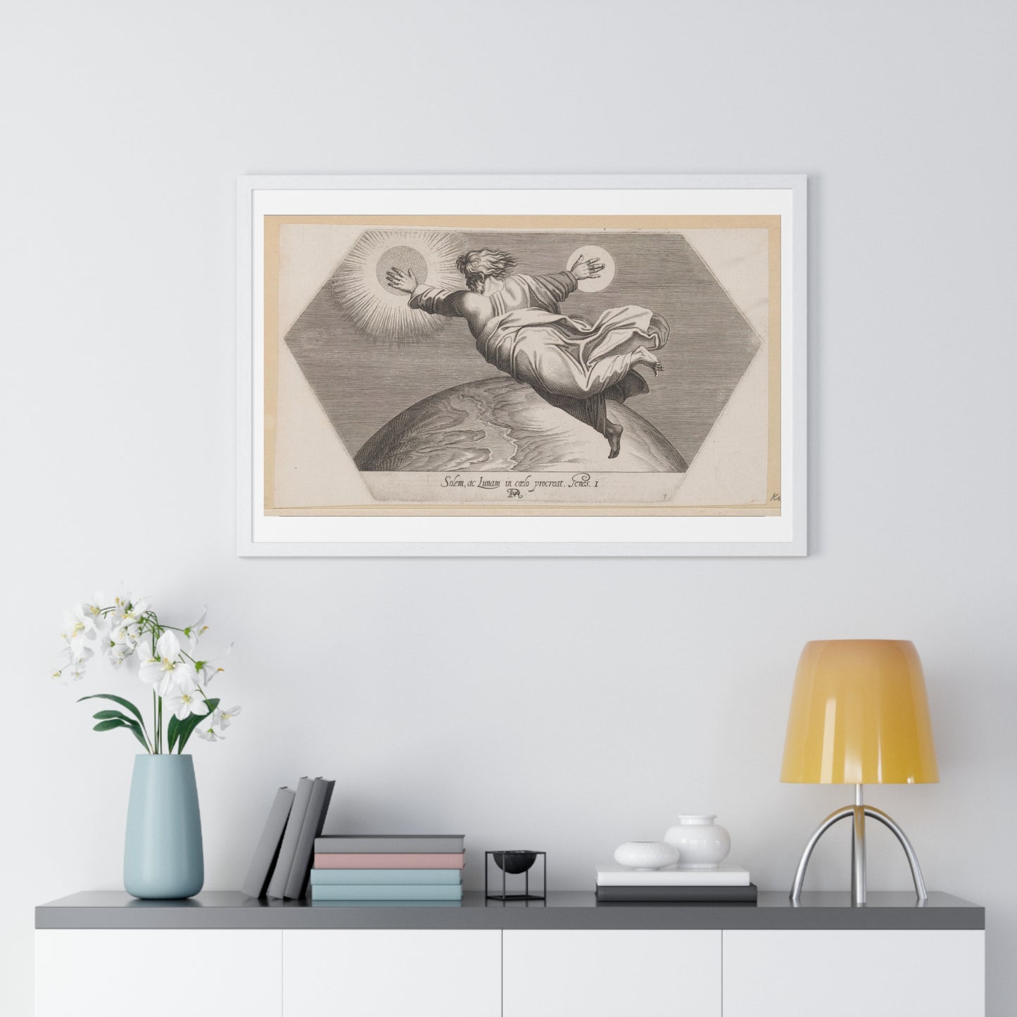 God Schept de Zon en de Maan (1626) by Francesco Villamena and Rafaël, from the Original, Framed Art Print