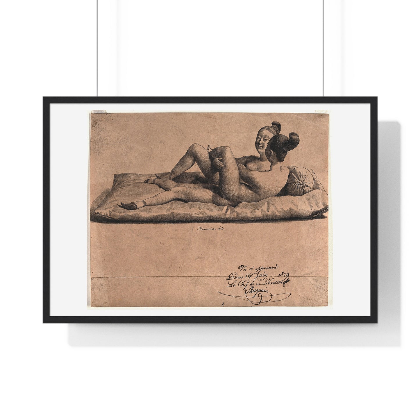 Two Chinese Girls with Bound Feet are Making Love on a Mattress (1829) Lithograph by Jean-Baptiste Mauzaisse, Framed Print