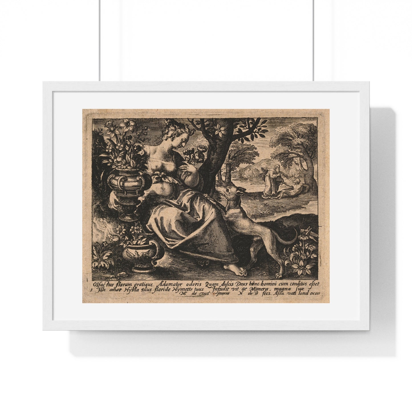 Woman in a Garden with Flowers, God Blows Spirit into Adam's Body, Reproduction Flemish Engraving, Framed Art Print