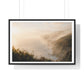 Golden Hour Coastal Mist and Cliffs, Landscape Art Framed Print