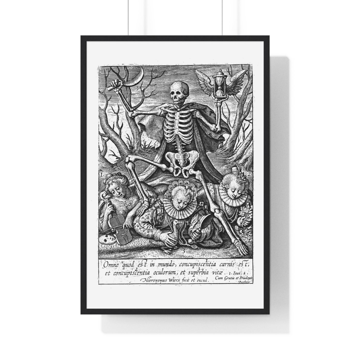Death Tramples on Three Female Allegorical Figures Representing Sensual Pleasures, Etching by Hieronymus Wierix, Vintage Framed Print