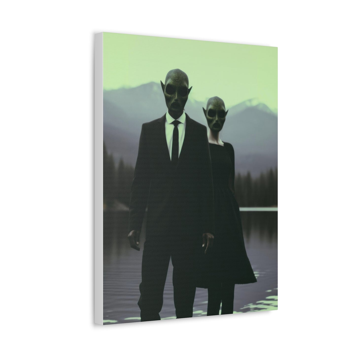 Couple Wearing Alien Mask, Sunglasses Photorealism in Silhouette 'Designed by AI' Art Print on Canvas