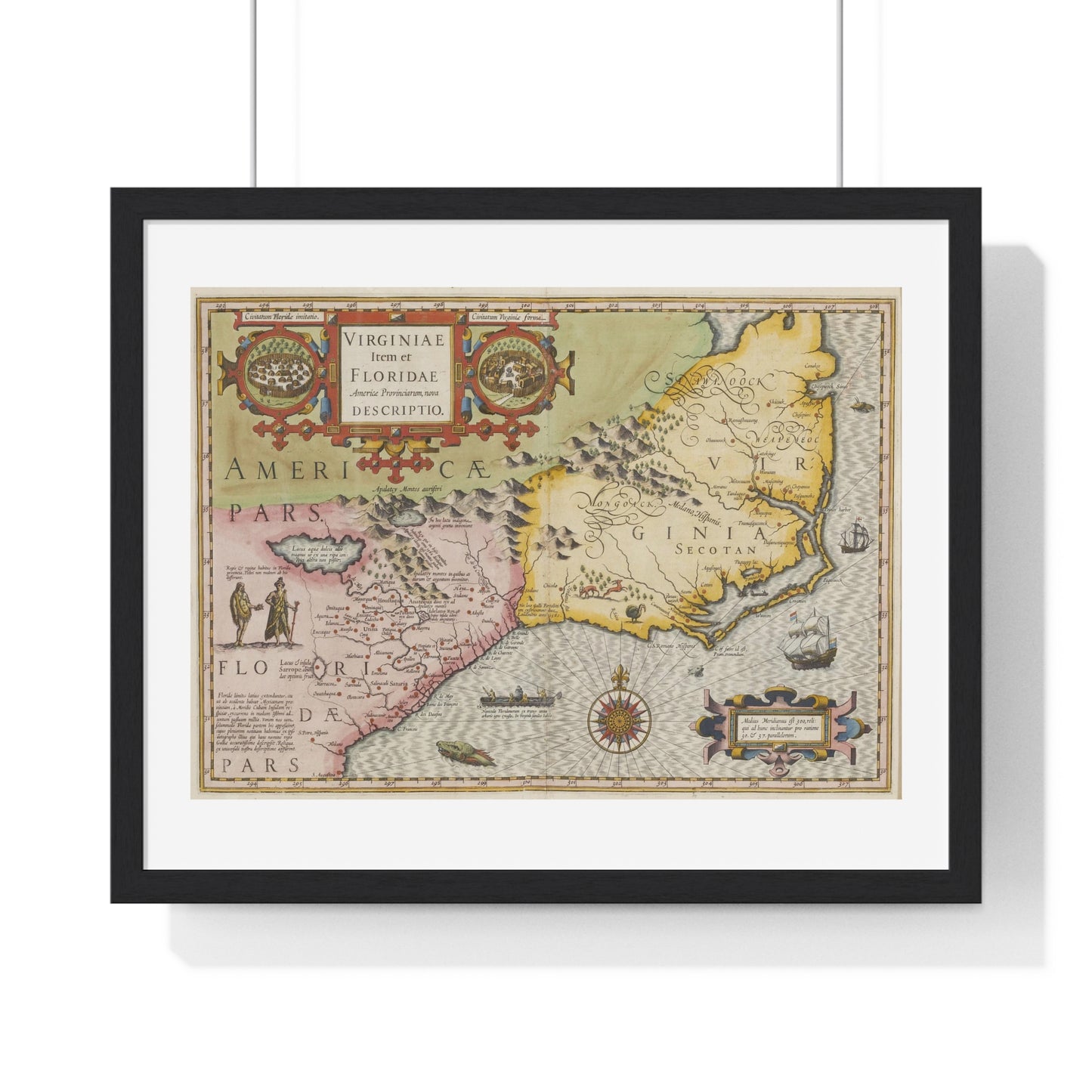 Historic Map of the American South: Virginia Item et Floridae (1606) by Gerardus Mercator and Jocodus Hondius, Framed Print