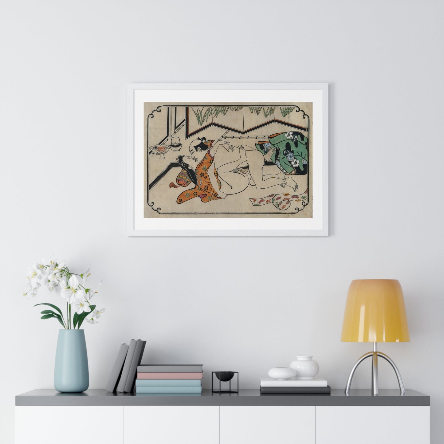Middle-Aged Couple Making Love, Coloured Reproduction of a Woodcut by Moronobu (1680s) Framed Art Print