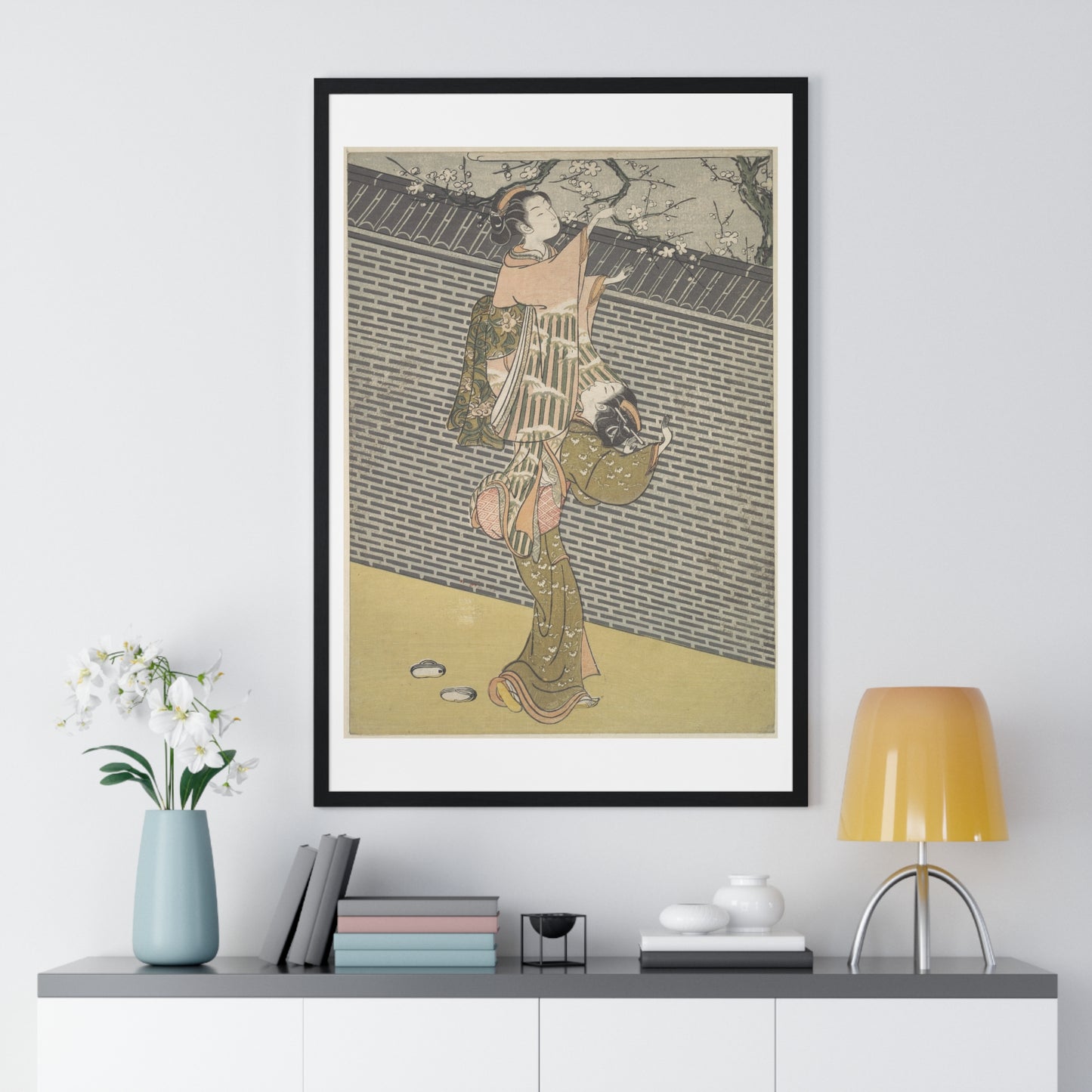 Plucking a Branch from a Neighbour's Plum Tree (1768) Japanese Illustration by Suzuki Harunobu, from the Original, Framed Print