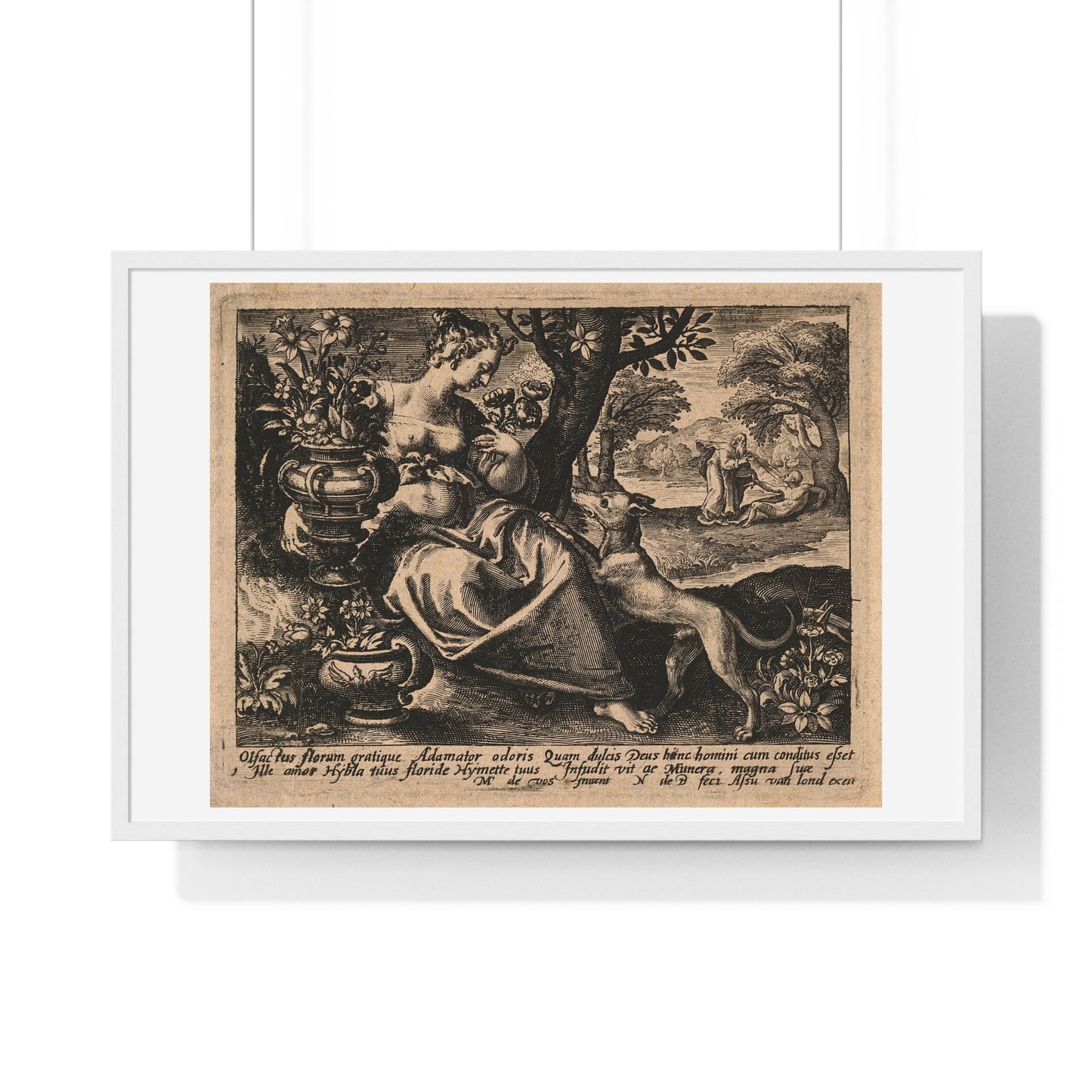 Woman in a Garden with Flowers, God Blows Spirit into Adam's Body, Reproduction Flemish Engraving, Framed Art Print