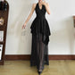 French Style V-Neck Girdle Layered Mesh Black Formal Dress
