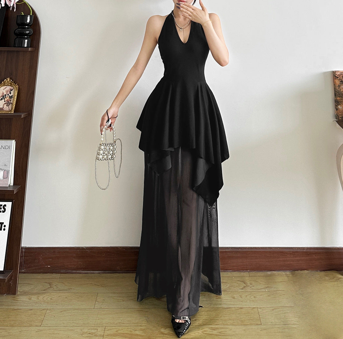 French Style V-Neck Girdle Layered Mesh Black Formal Dress