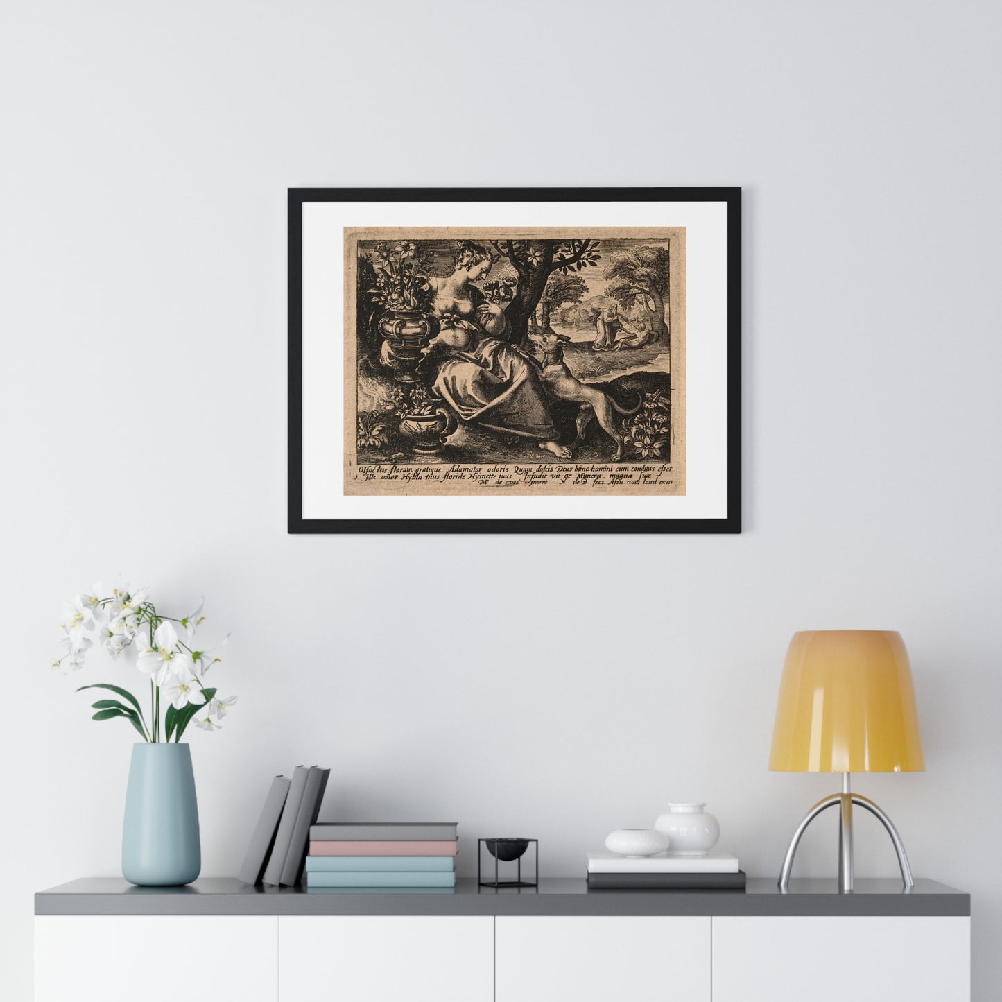 Woman in a Garden with Flowers, God Blows Spirit into Adam's Body, Reproduction Flemish Engraving, Framed Art Print