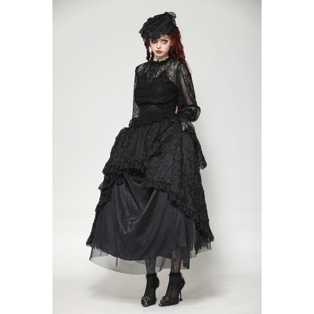 Dark in Love Aoife Black Hollow Lace Elastic Pleated-Waist Eyelash Lace Cuff Top