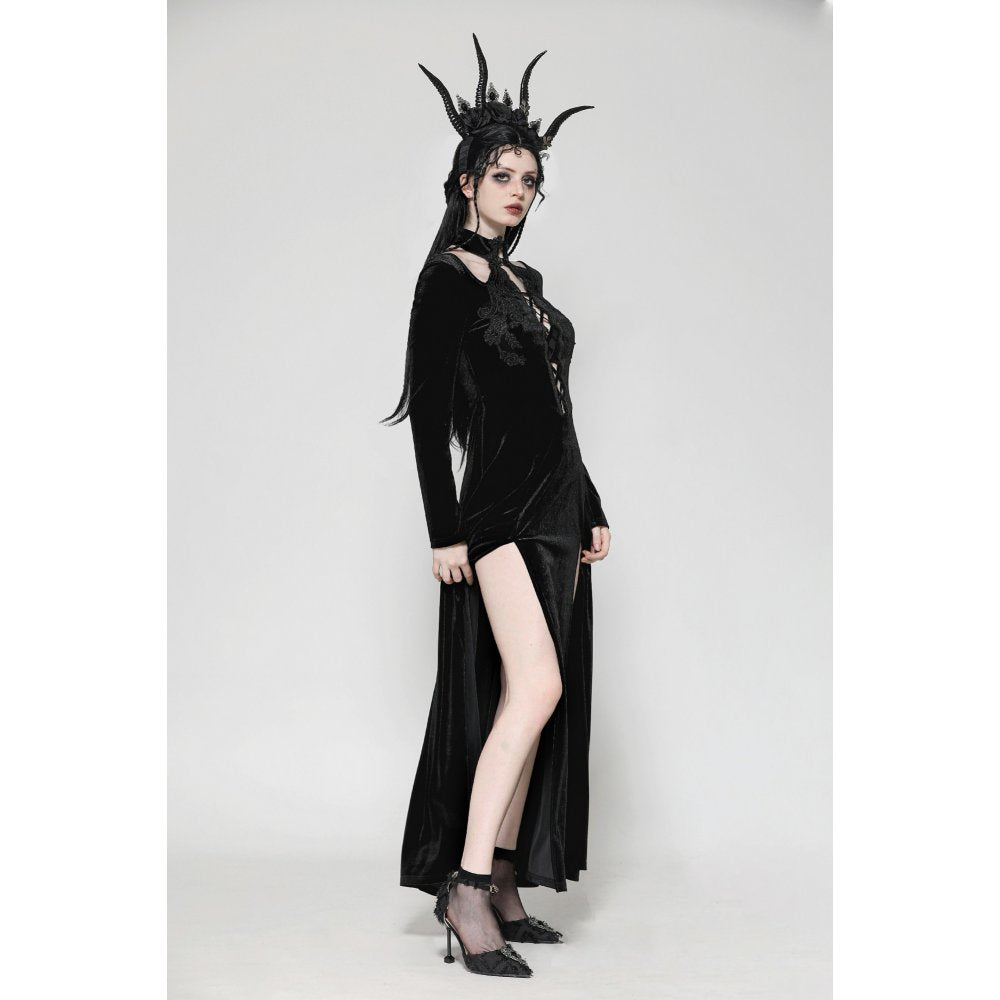 Dark in Love Vera Gothic Velvet High-Slit Maxi Dress with Hollow Neckline, Embroidered Buttons
