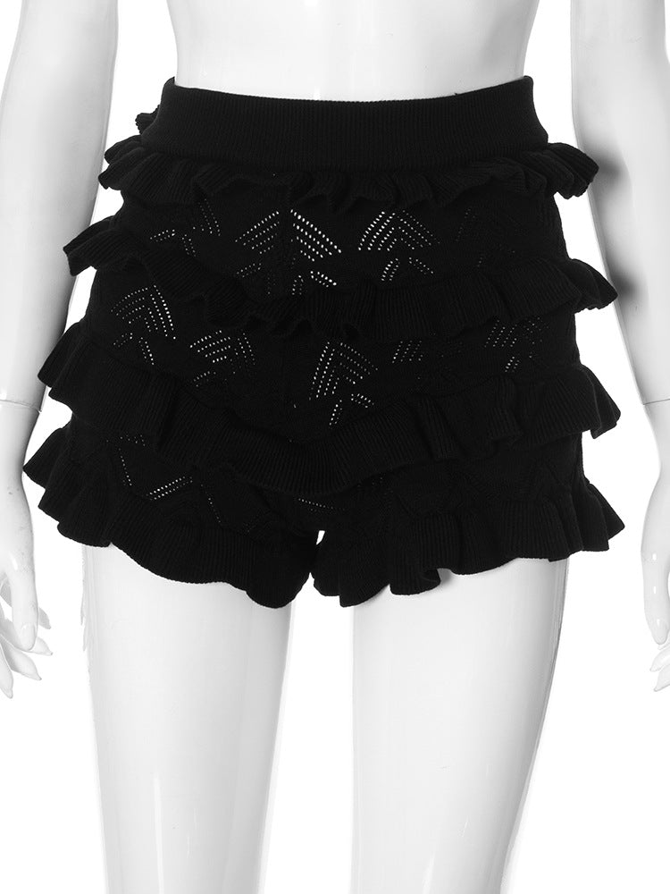 Sexy High-Waisted Knitted Multi-Layer Ruffle-Trimmed Shorts