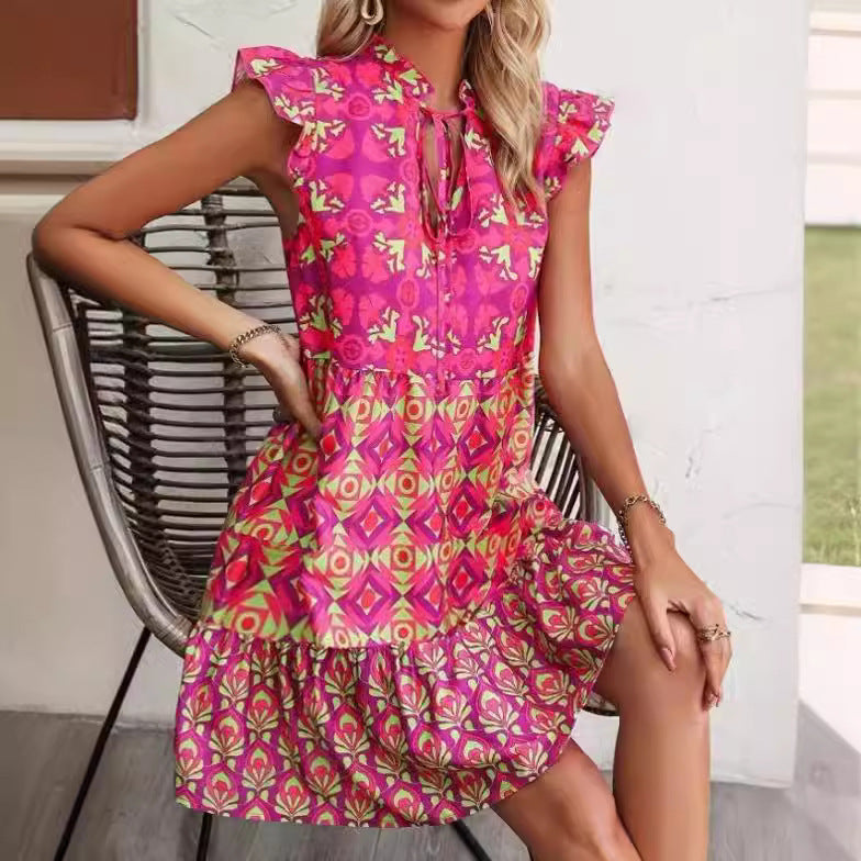 Vireous Pink Print Sleeveless Summer Sun Dress, Straight Tie-Up Dress