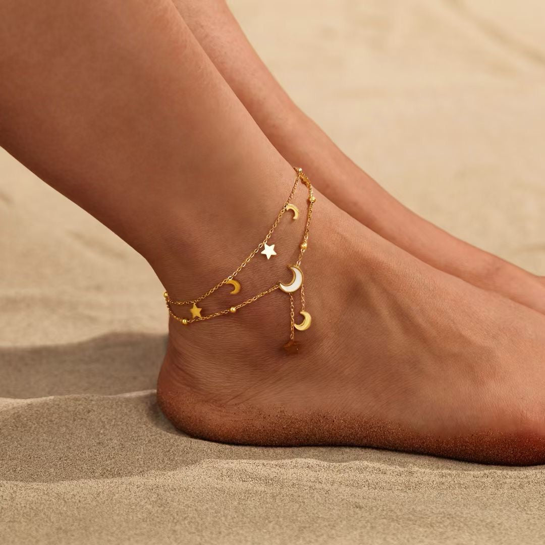 Cassia Luxe 18K Gold Double-Layer Celestial Moon and Star Gold Anklet