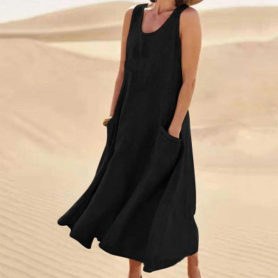 Summer Sleeveless Long Smock Dress with Pockets, Plus Sizes