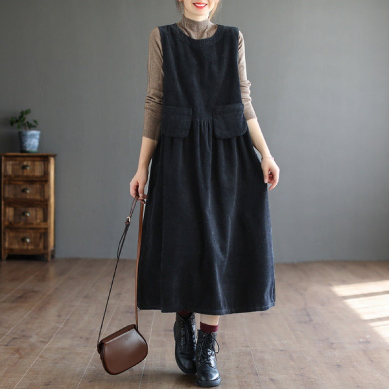 Corduroy Midi Dress, Artistic Plus-Size Sleeveless Vest Dress