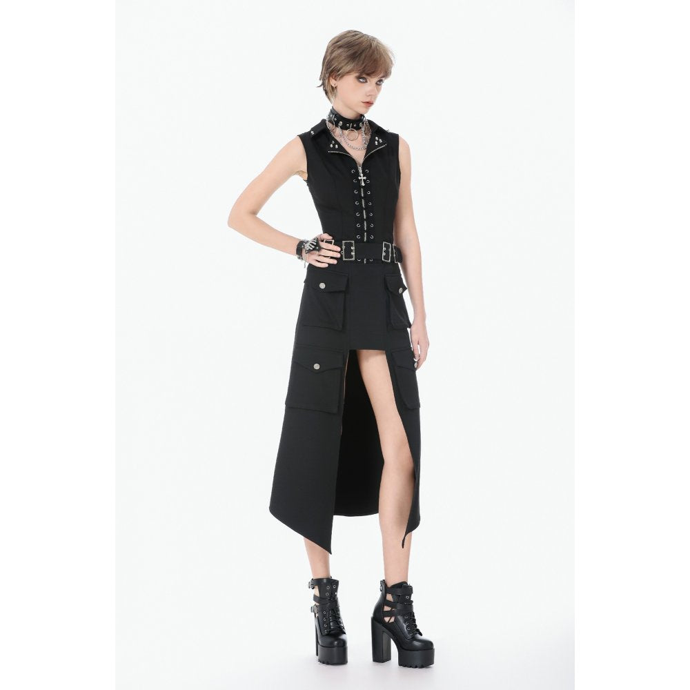 Dark in Love Punk Layered-Pocket Cutout Belted Long Skirt
