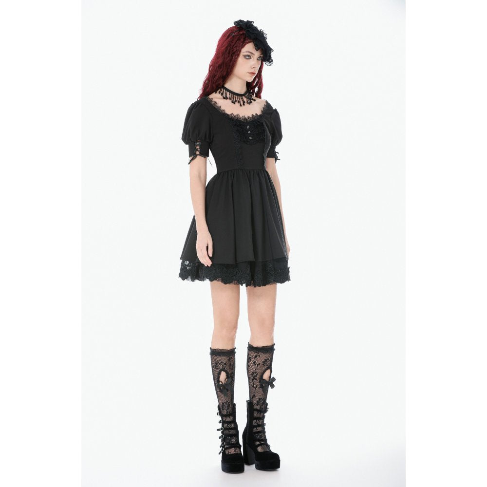 Dark in Love Gothic Lace Square-Neck Puff-Sleeve Dress
