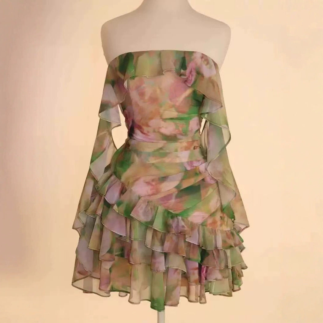 Chiffon Abstract Printed Ruffles Tube Dress  Vireous.Shop