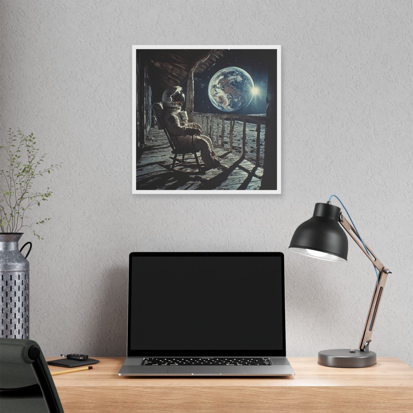 Astronaut on the Moon Sitting in a Rocking Chair on the Porch of a Farmhouse, Photorealism 'Designed by AI' Canvas Art Print