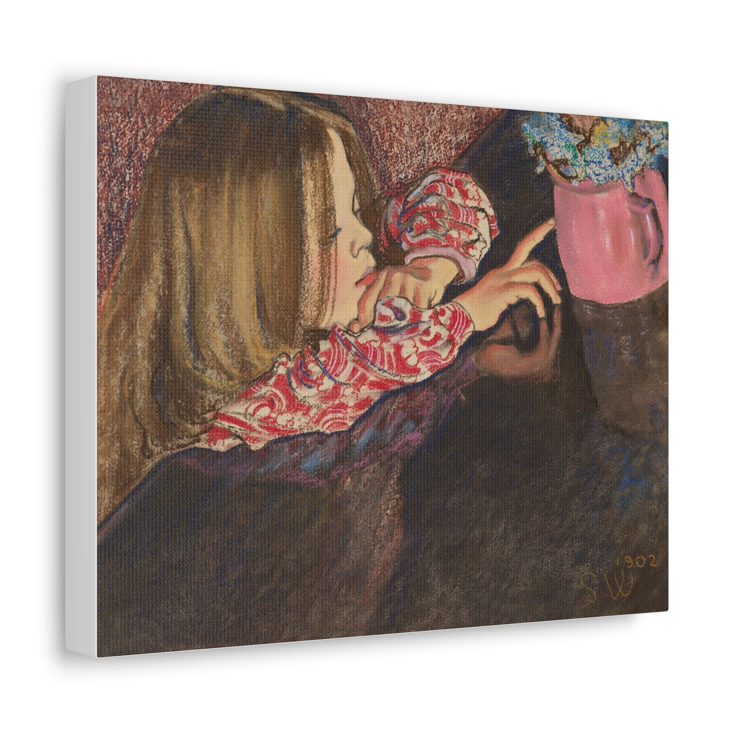 Girl With a Vase of Flowers (1902) by Stanislaw Wyspianski, Art Print from the Original on Canvas