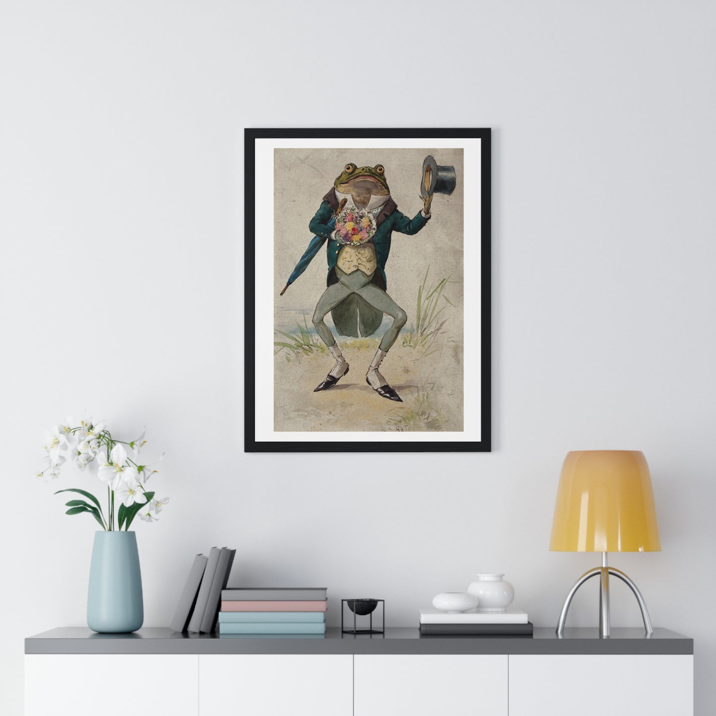 A Toad in Morning Dress, Holding an Umbrella and a Bunch of Flowers, by G Hope Tait (1900) from the Original, Framed Print