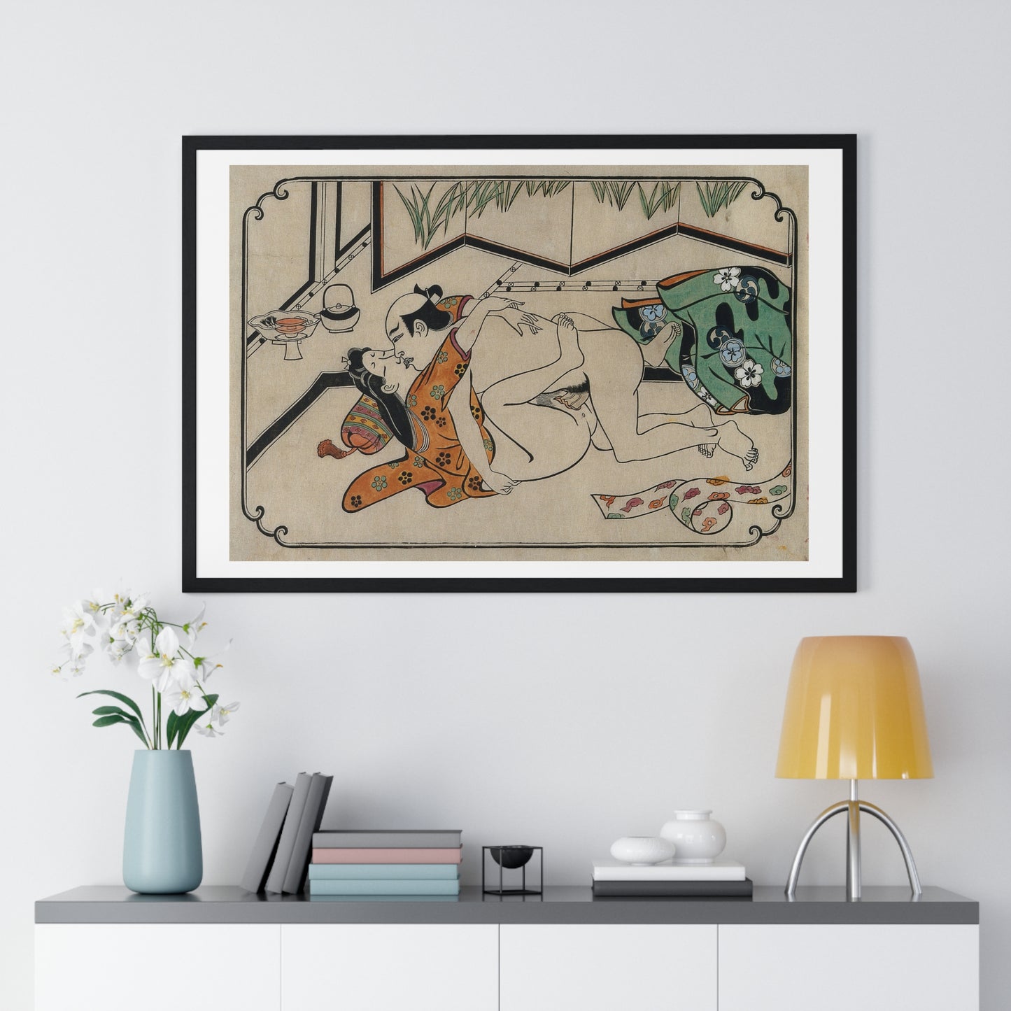 Middle-Aged Couple Making Love, Coloured Reproduction of a Woodcut by Moronobu (1680s) Framed Art Print