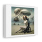 Woman on the Beach with Aliens, Dystopian Art Print 'Designed by AI' on Canvas