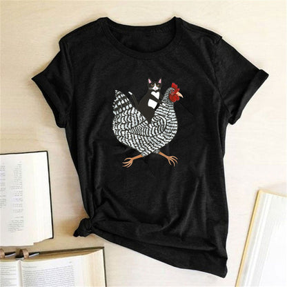 Cat Riding Chicken Print, Funny Women's T-Shirt