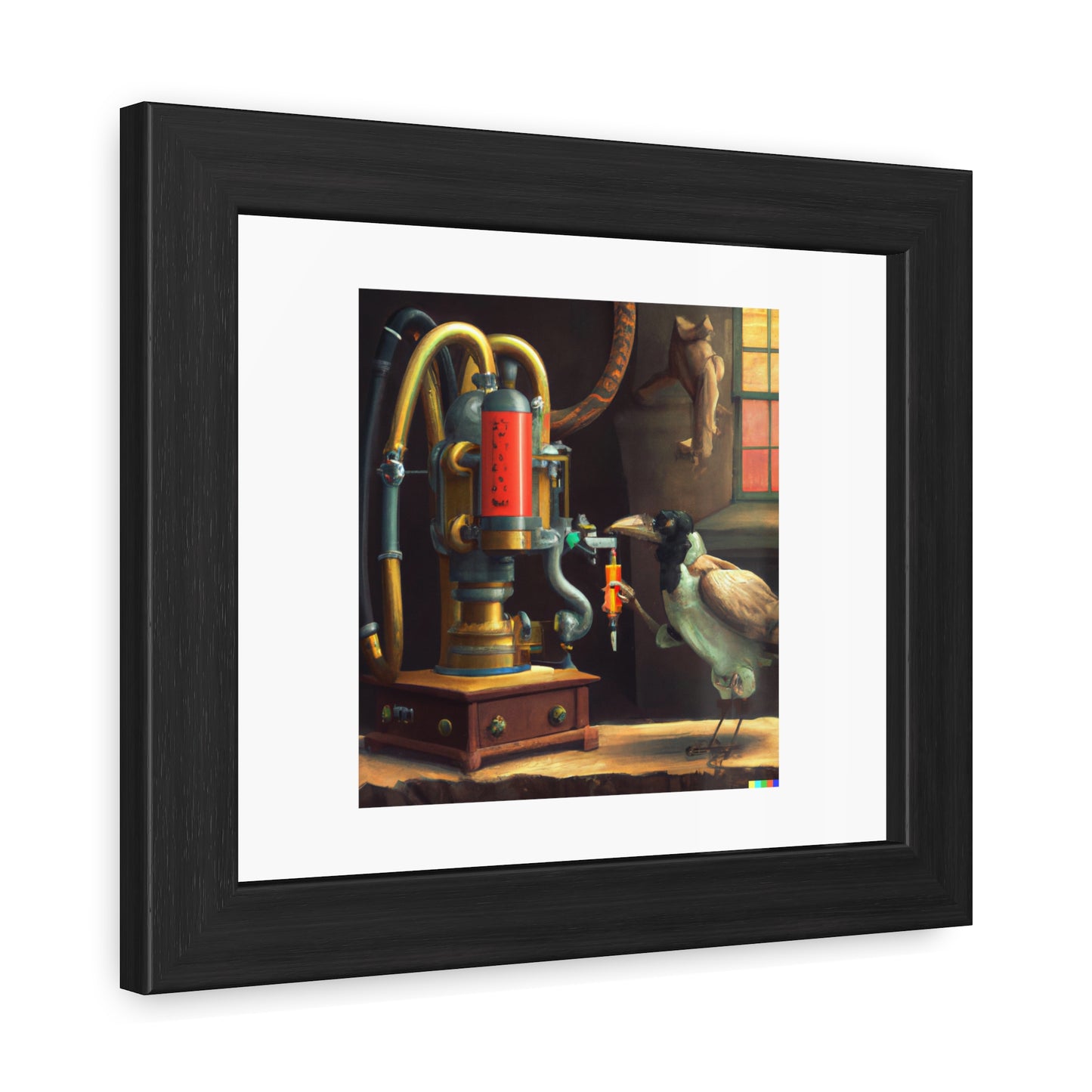 An Experiment On A Bird In The Air Pump Beside A Robot Machine In The Style Of Joseph Wright 'Designed by AI' Wooden Framed Print