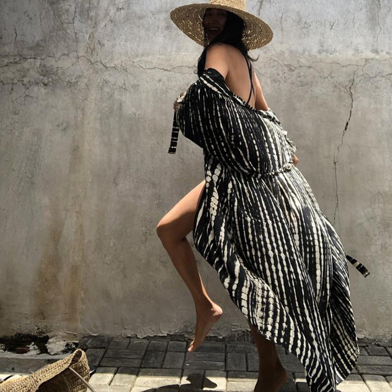 Boho Printed Fringed Long Kimono Beach Cover-Up Robe