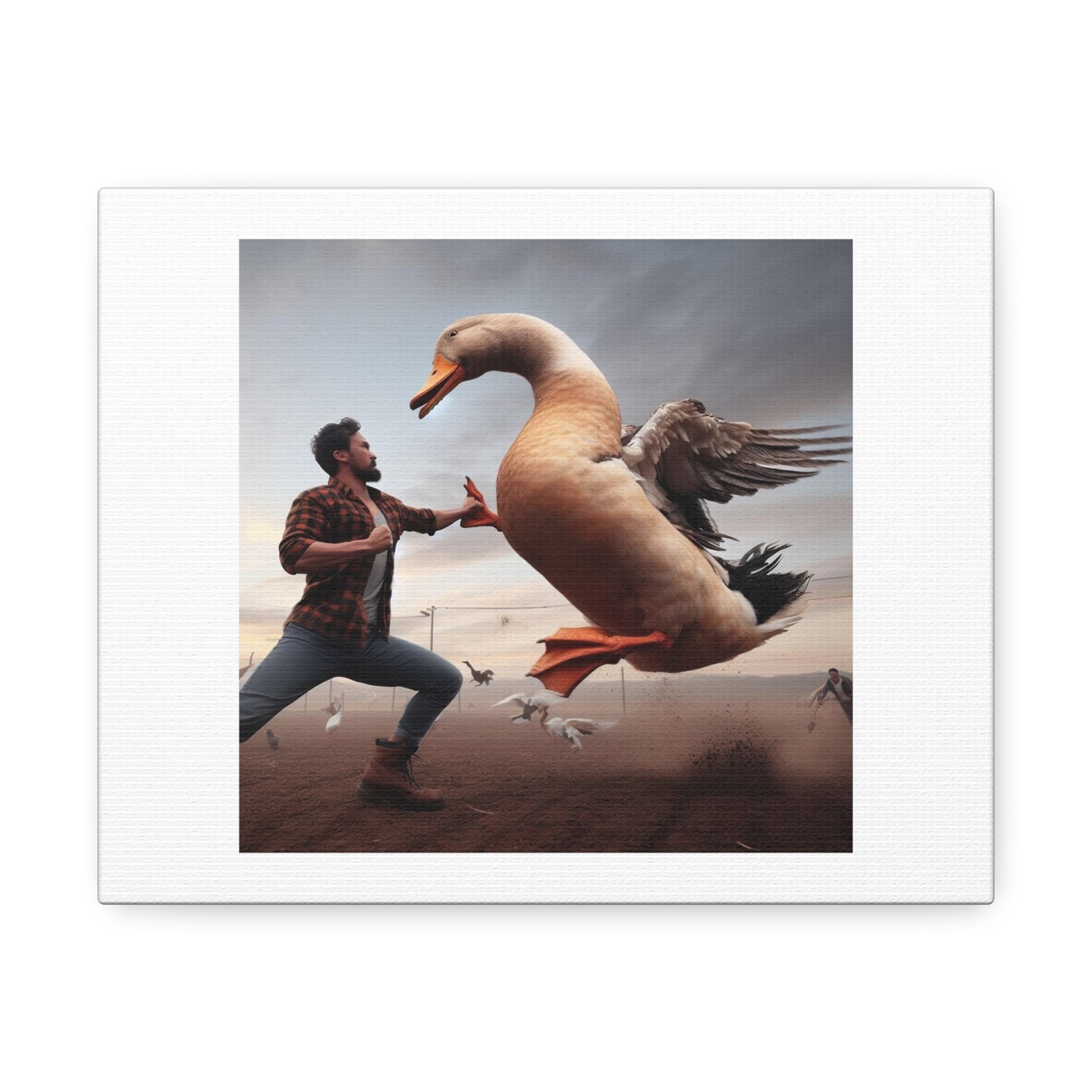 Man Fighting a Horse Sized Duck Photorealism 'Designed by AI' Art Print on Canvas