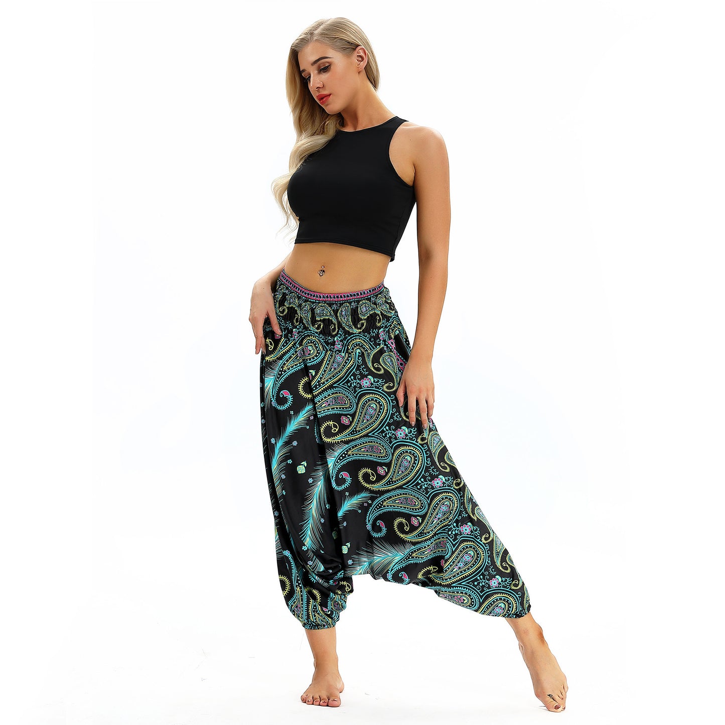 Peacock Feather Print, Ethnic Dance, Yoga Loose Crotch Ankle Banded Pants