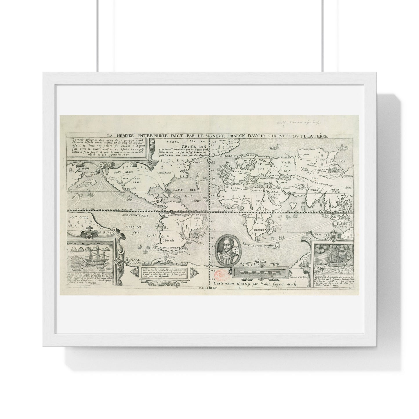 Francis Drake's World Voyage, Tudor Antique Map (circa 1581) from the Original, Framed Print