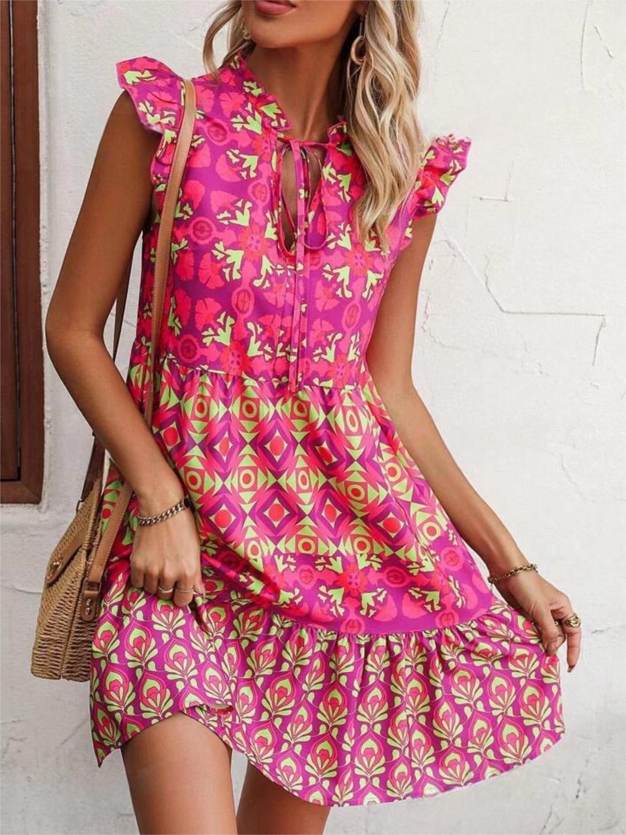 Vireous Pink Print Sleeveless Summer Sun Dress, Straight Tie-Up Dress