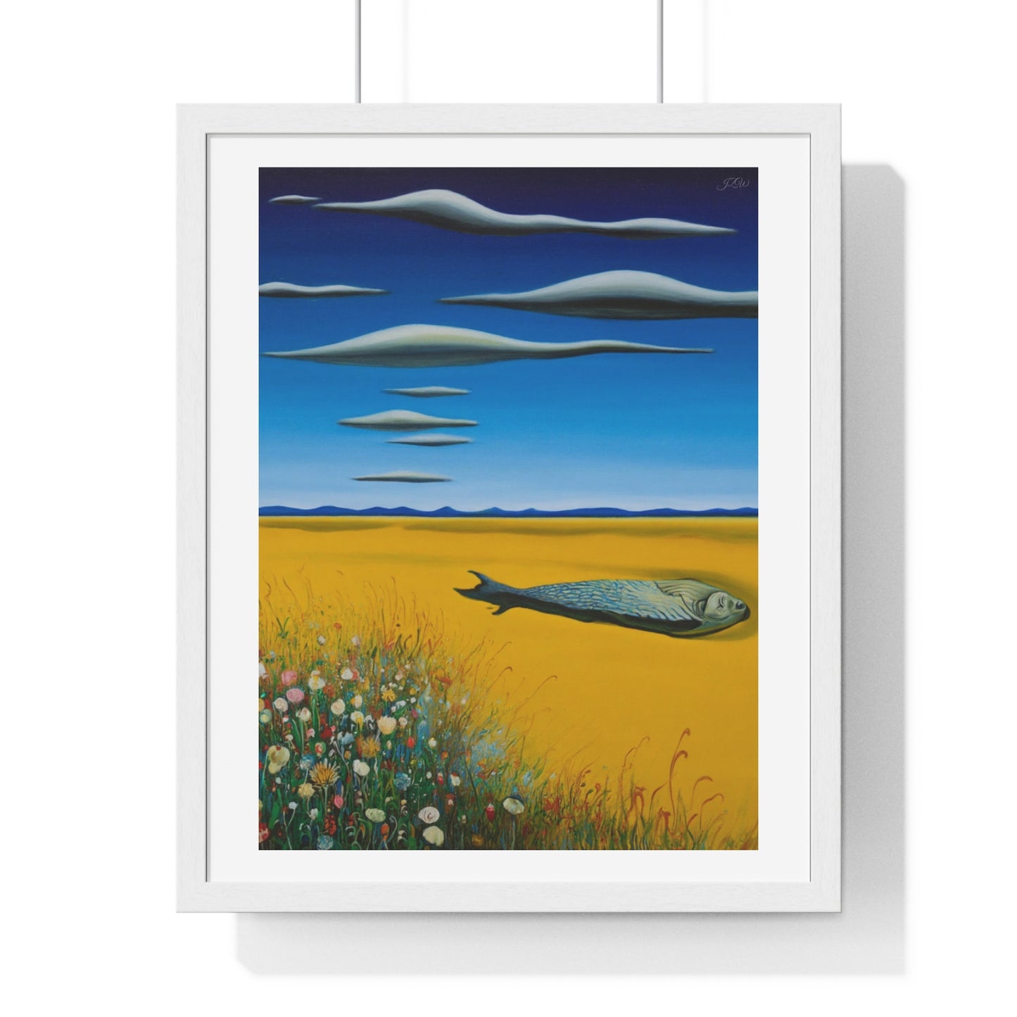 Yellow Meadow with Flowers, Surrealist Art 'Designed by AI' Framed Print
