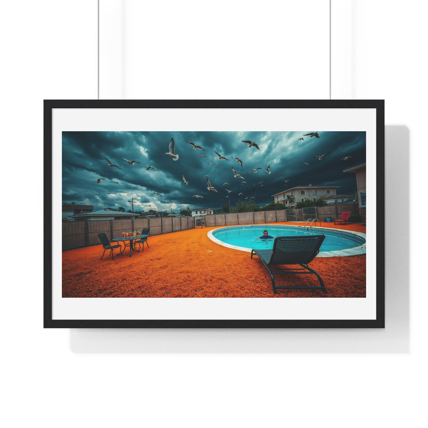 Dystopian Pool Scene Photorealistic Art Style 'Designed by AI' Framed Print