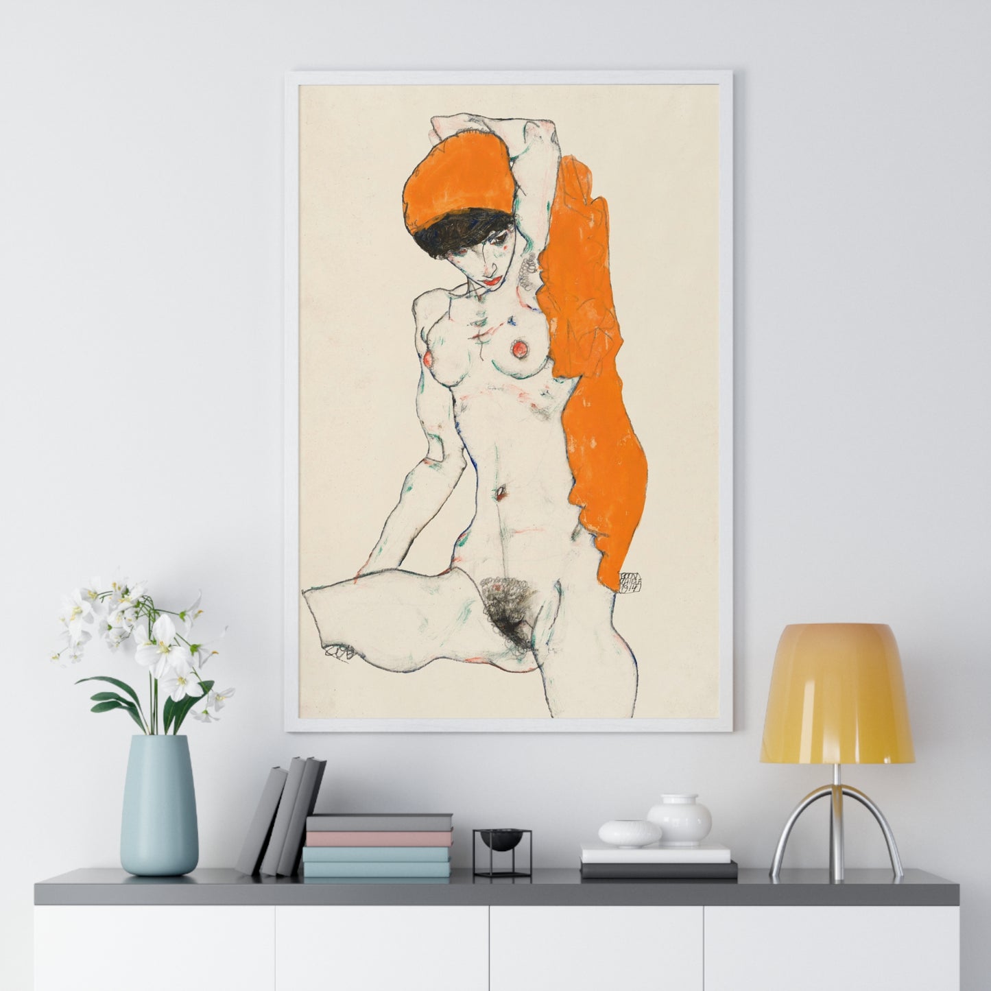 Standing Nude with Orange Drapery (1914) Line Art by Egon Schiele from the Original, Framed Art Print