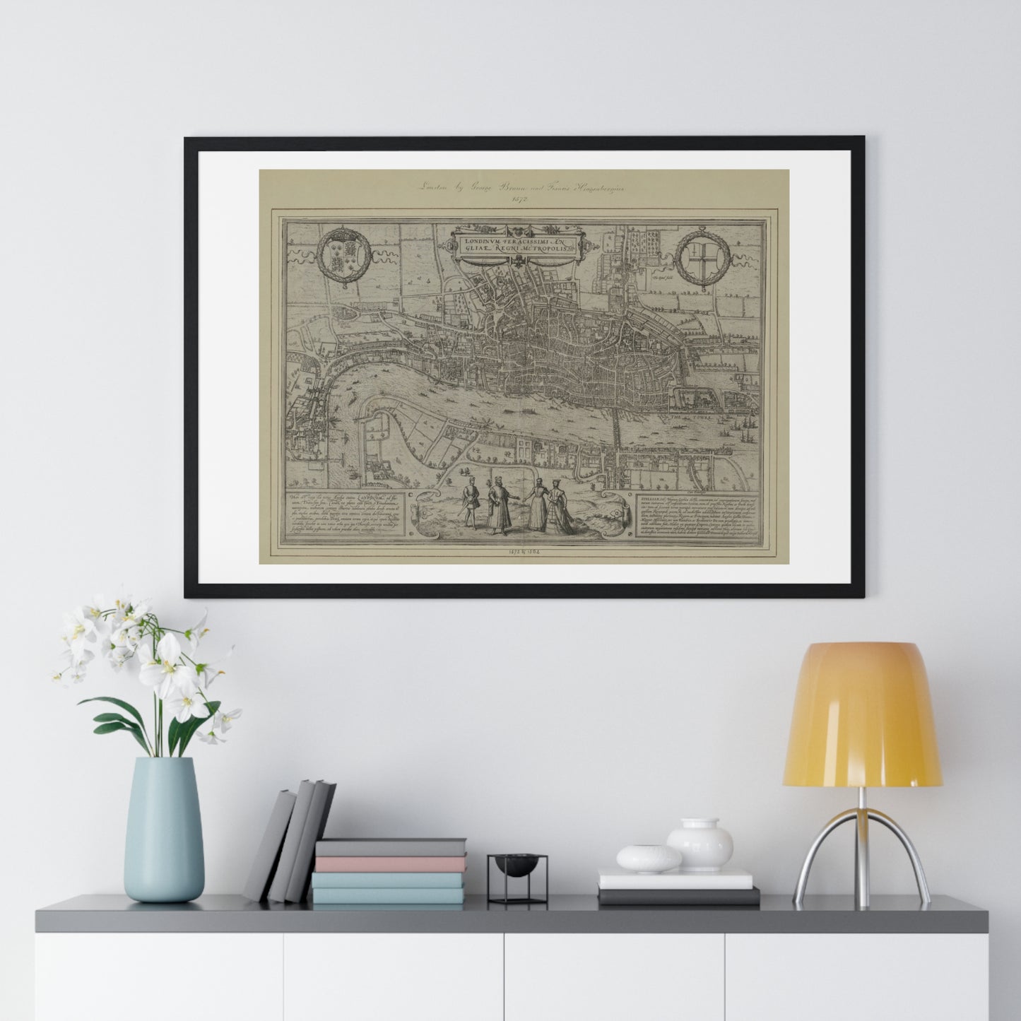 Tudor Antique Map of London (1572) 'Londinum Feracissimi Angliae Regni Metropolis' from the Original, Framed Print