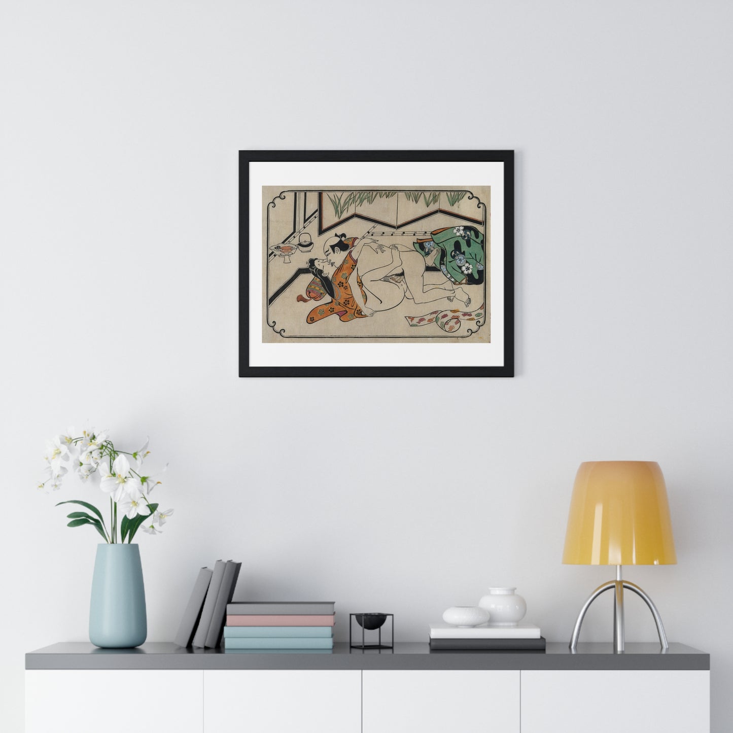 Middle-Aged Couple Making Love, Coloured Reproduction of a Woodcut by Moronobu (1680s) Framed Art Print