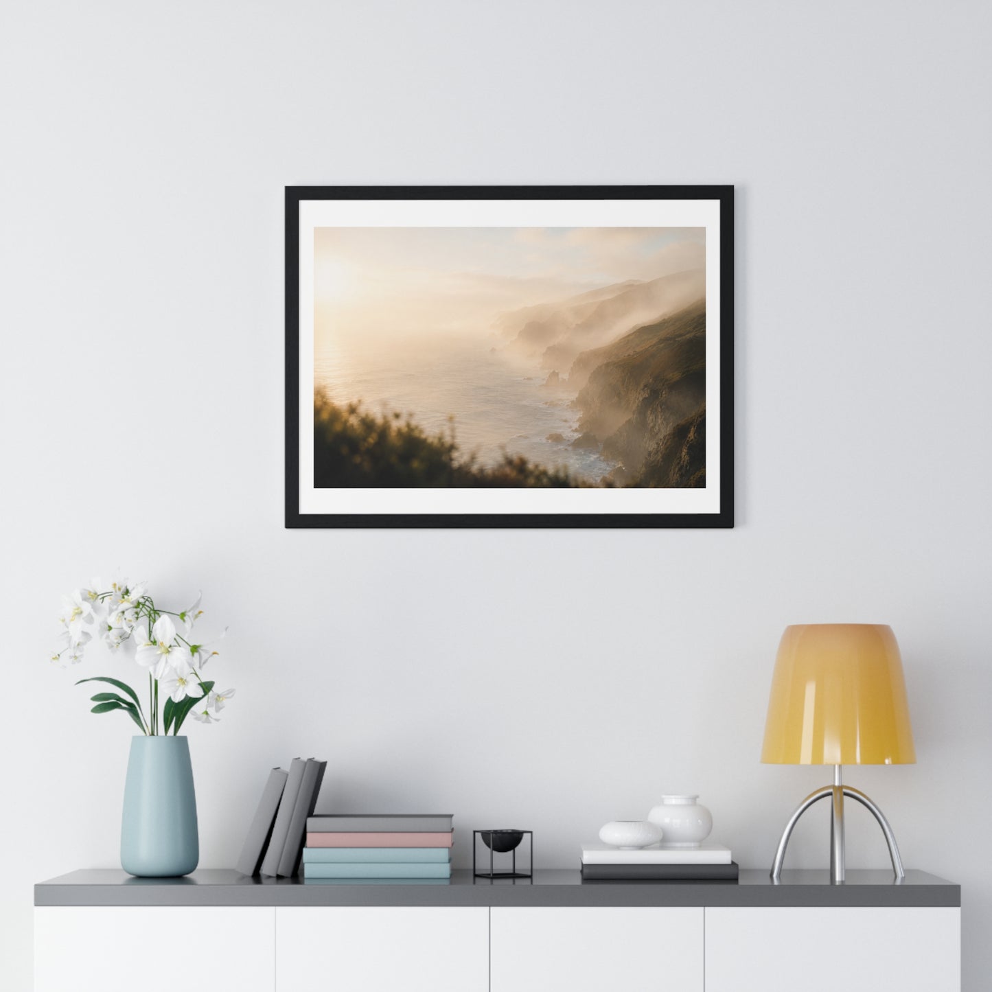 Golden Hour Coastal Mist and Cliffs, Landscape Art Framed Print