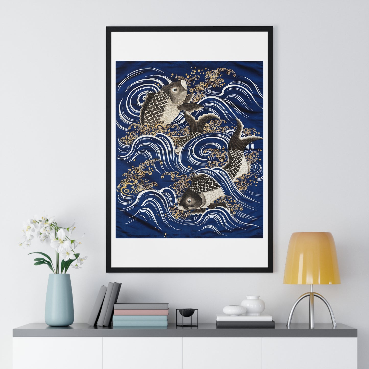 Gift Cover 'Fukusa' with Carp in Waves (Meij Period) from the Original, Framed Art Print