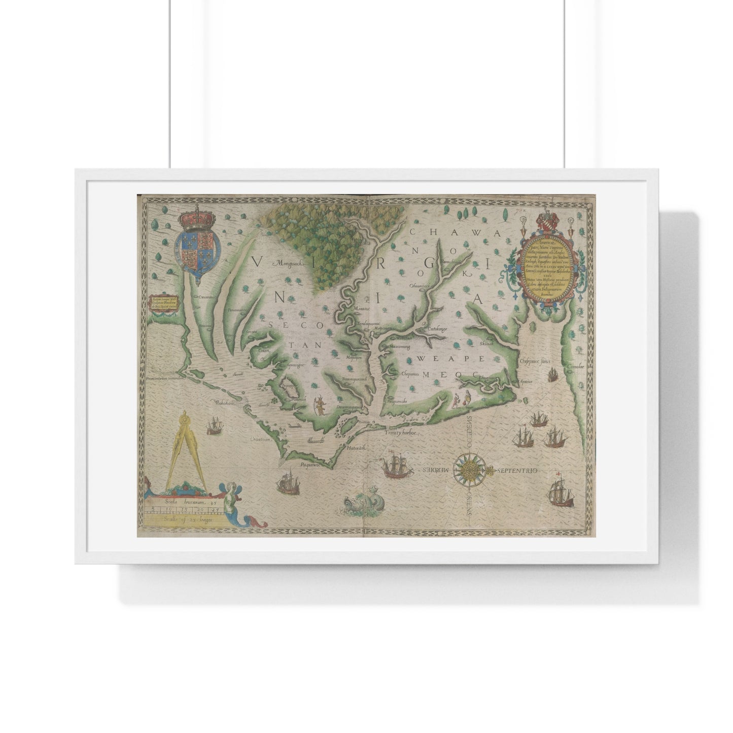 Engraved Map of Virginia (1618) Showing the Arrival of Sir Walter Raleigh's Expedition, from the Original, Framed Print