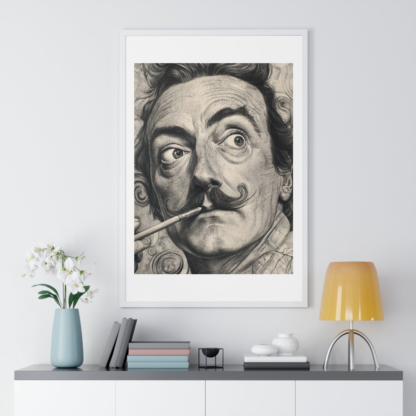 Salvador Dali Portrait, Pencil Sketch 'Designed by AI' Framed Art Print