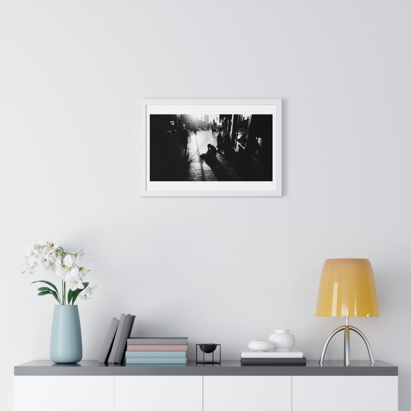 Black and White Photography, High-Contrast Cityscape 'Designed by AI' Framed Print