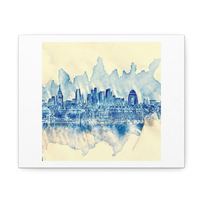 Blue Ink Sketch of London Skyline On Piece of Torn Yellowing Parchment Hyperrealistic 'Designed by AI' Print on Satin Canvas